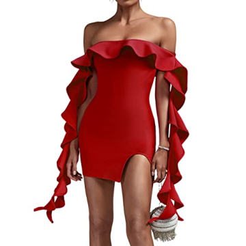 whoinshop Off Shoulder Ruffle Bodycon Dress Sexy Split Celebrity Prom Party Cocktail Bandage Dress R...
