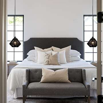 YongMing CL 2 Pack Woven Plug in Pendant Light Fixture Black, 9.65’’ Rustic Farmhouse Pendant Hanging Light with Plug in Cord & On/Off Switch for Kitchen Island Living Dining Room Bedroom Foyer