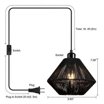 YongMing CL 2 Pack Woven Plug in Pendant Light Fixture Black, 9.65’’ Rustic Farmhouse Pendant Hanging Light with Plug in Cord & On/Off Switch for Kitchen Island Living Dining Room Bedroom Foyer