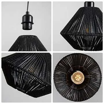 YongMing CL 2 Pack Woven Plug in Pendant Light Fixture Black, 9.65’’ Rustic Farmhouse Pendant Hanging Light with Plug in Cord & On/Off Switch for Kitchen Island Living Dining Room Bedroom Foyer