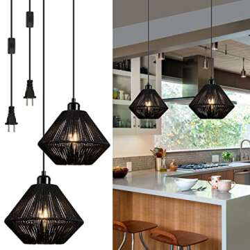 YongMing CL 2 Pack Woven Plug in Pendant Light Fixture Black, 9.65’’ Rustic Farmhouse Pendant Hanging Light with Plug in Cord & On/Off Switch for Kitchen Island Living Dining Room Bedroom Foyer
