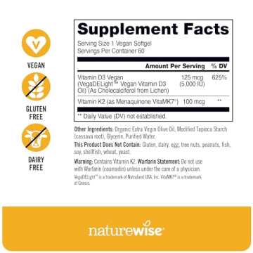 NatureWise Vitamin D3 + K2 with Plant Based D 5000IU & 100mcg K as MK-7 - Max Absorption Immune Support - Vegan, Non-GMO - with Extra Virgin Olive Oil - 60 Softgels[2-Month Supply]
