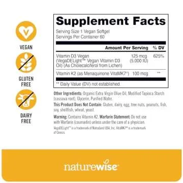 NatureWise Vitamin D3 + K2 with Plant Based D 5000IU & 100mcg K as MK-7 - Max Absorption Immune Support - Vegan, Non-GMO - with Extra Virgin Olive Oil - 60 Softgels[2-Month Supply]
