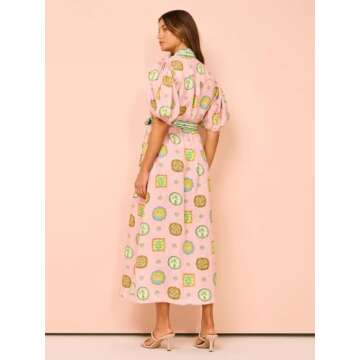 Puff Sleeve Maxi Dress Women Summer Graffiti Y2k Dress Vintage Boho Tropical Dress Floral Colorful Dresses (Pink,M,Medium)