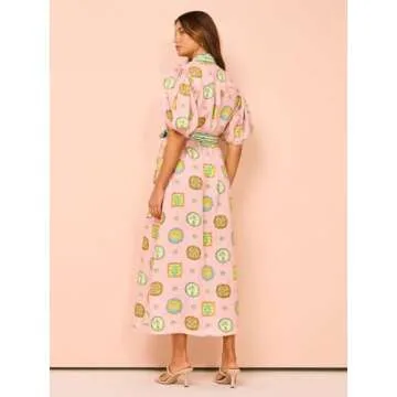 Puff Sleeve Maxi Dress Women Summer Graffiti Y2k Dress Vintage Boho Tropical Dress Floral Colorful Dresses (Pink,M,Medium)