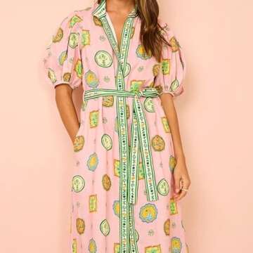 Puff Sleeve Maxi Dress Women Summer Graffiti Y2k Dress Vintage Boho Tropical Dress Floral Colorful Dresses (Pink,M,Medium)