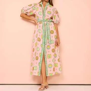 Puff Sleeve Maxi Dress Women Summer Graffiti Y2k Dress Vintage Boho Tropical Dress Floral Colorful Dresses (Pink,M,Medium)