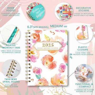 Ymumuda 2025 Planner, 12-Month Daily Weekly Monthly Planner from JAN.2025 to DEC.2025, 8.4" X 6", Spiral Planner Notebook with Stickers, Elastic Closure, Inner Pocket