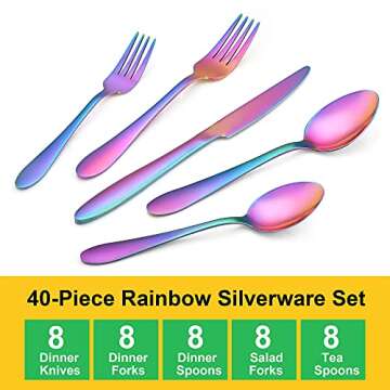 LIANYU 40-Piece Rainbow Silverware Set for 8, Stainless Steel Colorful Flatware Cutlery Set, Tablewa...