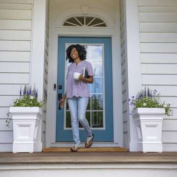 Step2 Atherton Square Planter, Large Planters for Outdoor Plants, Gardening and Flower Pot for Patio or Porch, Efficient Drainage, Durable Plastic, White, 2-Pack