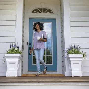 Step2 Atherton Square Planter, Large Planters for Outdoor Plants, Gardening and Flower Pot for Patio or Porch, Efficient Drainage, Durable Plastic, White, 2-Pack