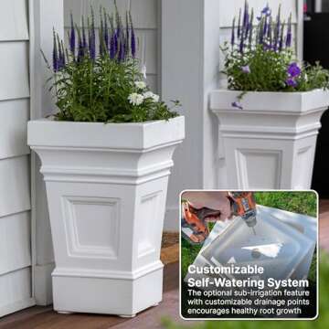 Step2 Atherton Square Planter, Large Planters for Outdoor Plants, Gardening and Flower Pot for Patio or Porch, Efficient Drainage, Durable Plastic, White, 2-Pack