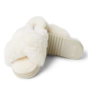 Fireside By Dearfoams Womens Newcastle Crossband All Over Shearling Easy On/Off Slide Slipper, Cream, 8 US