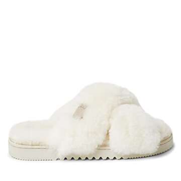 Fireside By Dearfoams Womens Newcastle Crossband All Over Shearling Easy On/Off Slide Slipper, Cream, 8 US