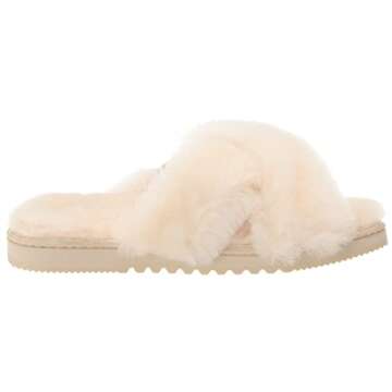 Fireside By Dearfoams Womens Newcastle Crossband All Over Shearling Easy On/Off Slide Slipper, Cream, 8 US