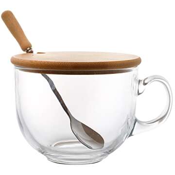 Lawei Set of 4 Glass Coffee Mug with Bamboo Lid and Spoons, 15 Oz Clear Jumbo Glass Cup for Cappuccino, Latte, Cereal, Milk, Yogurt, Hot/Cold Beverages, Overnight Oats Glassware Containers with Handle