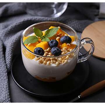 Lawei Set of 4 Glass Coffee Mug with Bamboo Lid and Spoons, 15 Oz Clear Jumbo Glass Cup for Cappuccino, Latte, Cereal, Milk, Yogurt, Hot/Cold Beverages, Overnight Oats Glassware Containers with Handle