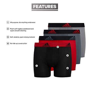 adidas Youth Performance Microfiber Boxer Briefs 4-Pack – Athletic Fit, Scarlet Red/Black/Grey, Sm...