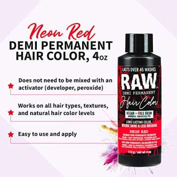 RAW Neon Red Demi-Permanent Hair Color, Vegan, Free from Ammonia, Paraben & PPD, lasts over 45 washes, 4oz