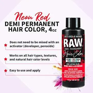 RAW Neon Red Demi-Permanent Hair Color, Vegan, Free from Ammonia, Paraben & PPD, lasts over 45 washes, 4oz