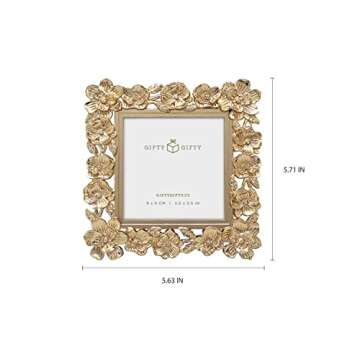 GIFTY GIFTY Square Spring Blossom Photo Frame / 3.5x3.5 In | For Vertical Display on Tabletops | Perfect for Home Decor, Wedding, Vacation, Graduation, Or Any Milestone Photos (Gold)