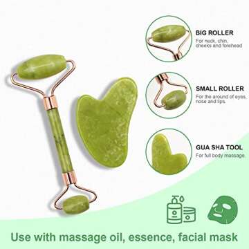 ZUKIMM Jade Roller for Face and Gua Sha Facial Tools Set, Natural Stone Beauty Skin Care Kit, Face Scraping Maasage Rolling to Reduce Puffiness and Improve Wrinkles for Neck & Eyes - Green