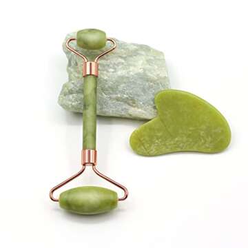 ZUKIMM Jade Roller for Face and Gua Sha Facial Tools Set, Natural Stone Beauty Skin Care Kit, Face Scraping Maasage Rolling to Reduce Puffiness and Improve Wrinkles for Neck & Eyes - Green
