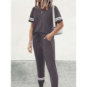 MASCOMODA Womens Two Piece Outfits 2024 Summer Short Sleeve Quarter Zip Pullover Tops Jogger Pants Tracksuit Loungewear Set(Dark Grey,Small)