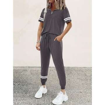 MASCOMODA Womens Two Piece Outfits 2024 Summer Short Sleeve Quarter Zip Pullover Tops Jogger Pants Tracksuit Loungewear Set(Dark Grey,Small)