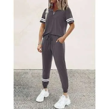 MASCOMODA Womens Two Piece Outfits 2024 Summer Short Sleeve Quarter Zip Pullover Tops Jogger Pants Tracksuit Loungewear Set(Dark Grey,Small)