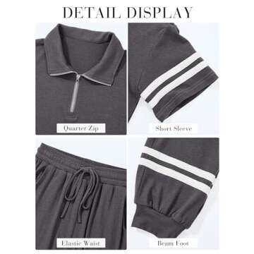 MASCOMODA Womens Two Piece Outfits 2024 Summer Short Sleeve Quarter Zip Pullover Tops Jogger Pants Tracksuit Loungewear Set(Dark Grey,Small)