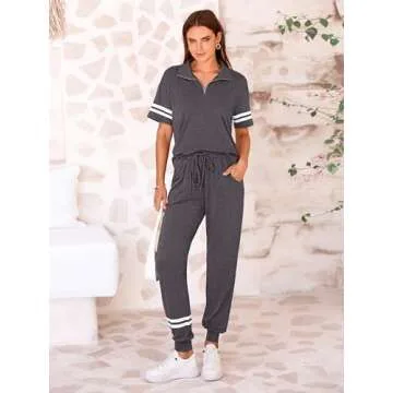 MASCOMODA Womens Two Piece Outfits 2024 Summer Short Sleeve Quarter Zip Pullover Tops Jogger Pants Tracksuit Loungewear Set(Dark Grey,Small)