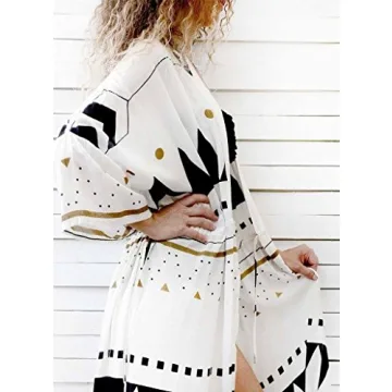 Wander Agio Women's Beach Kimono Cover Up Vibrant Triangle Pattern