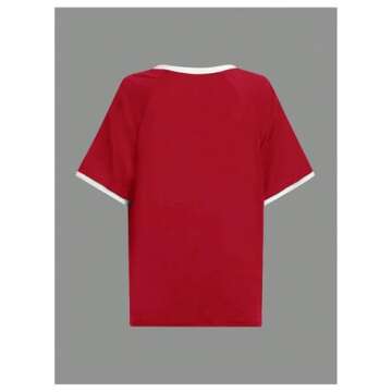 RoseSeek Women's Letter Print V Neck T-Shirts Short Sleeve Drop Shoulder Casual Tee Tops Red and Whi...