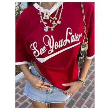 RoseSeek Women's Letter Print V Neck T-Shirts Short Sleeve Drop Shoulder Casual Tee Tops Red and White Large