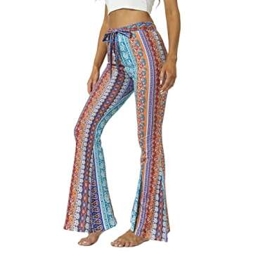 WSPLYSPJY Women's Floral & Paisley Print Knot Front Flare Leg Pants Bowknot Tie Belted S Red Blue