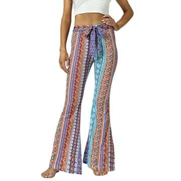 WSPLYSPJY Women's Floral & Paisley Print Knot Front Flare Leg Pants Bowknot Tie Belted S Red Blue