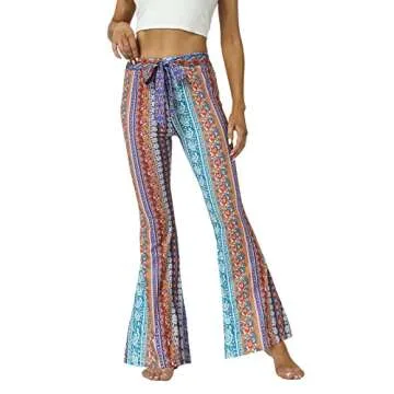 WSPLYSPJY Women's Floral & Paisley Print Knot Front Flare Leg Pants Bowknot Tie Belted S Red Blue