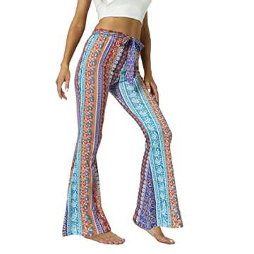 WSPLYSPJY Women's Floral & Paisley Print Knot Front Flare Leg Pants Bowknot Tie Belted S Red Blue