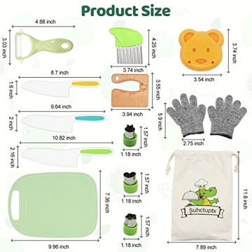 Suhctuptx 14 Pieces Wooden Kids Kitchen Knife Set with Gloves Cutting Board Fruit Vegetable Crinkle Cutters Serrated Edges Plastic Toddler Knifes for Real Cooking Kid Safe Knives - Crocodile
