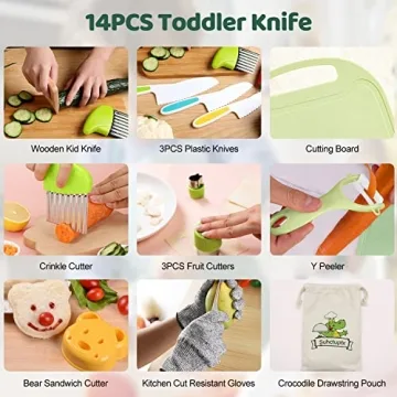 Suhctuptx 14 Pieces Wooden Kids Kitchen Knife Set with Gloves Cutting Board Fruit Vegetable Crinkle Cutters Serrated Edges Plastic Toddler Knifes for Real Cooking Kid Safe Knives - Crocodile