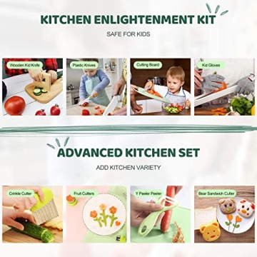 Suhctuptx 14 Pieces Wooden Kids Kitchen Knife Set with Gloves Cutting Board Fruit Vegetable Crinkle Cutters Serrated Edges Plastic Toddler Knifes for Real Cooking Kid Safe Knives - Crocodile