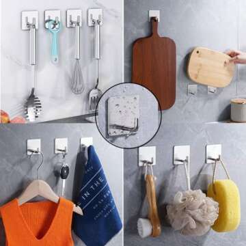EDMILE Adhesive Towel Hooks, 8 Pack Self Adhesive Coat Hooks Sticky Hooks for Hanging, Stainless Steel Stick on Wall Hat Hook, Bathrooms Kitchen Livingroom Garage, Silver