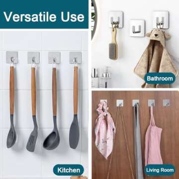 EDMILE Adhesive Towel Hooks, 8 Pack Self Adhesive Coat Hooks Sticky Hooks for Hanging, Stainless Steel Stick on Wall Hat Hook, Bathrooms Kitchen Livingroom Garage, Silver