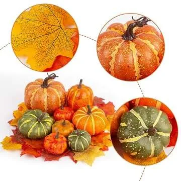 DomeStar 38pcs Fall Pumpkins Decor Set, Fake Pumpkins 8pcs Assorted Pumpkins with 30pcs Artificial Maple Leaves, Fall Harvest Centerpieces for Tables Thanksgiving Halloween Decorations
