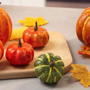 DomeStar 38pcs Fall Pumpkins Decor Set, Fake Pumpkins 8pcs Assorted Pumpkins with 30pcs Artificial Maple Leaves, Fall Harvest Centerpieces for Tables Thanksgiving Halloween Decorations