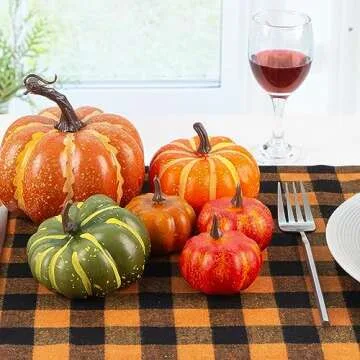 DomeStar 38pcs Fall Pumpkins Decor Set, Fake Pumpkins 8pcs Assorted Pumpkins with 30pcs Artificial Maple Leaves, Fall Harvest Centerpieces for Tables Thanksgiving Halloween Decorations