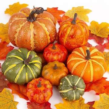 DomeStar 38pcs Fall Pumpkins Decor Set, Fake Pumpkins 8pcs Assorted Pumpkins with 30pcs Artificial Maple Leaves, Fall Harvest Centerpieces for Tables Thanksgiving Halloween Decorations