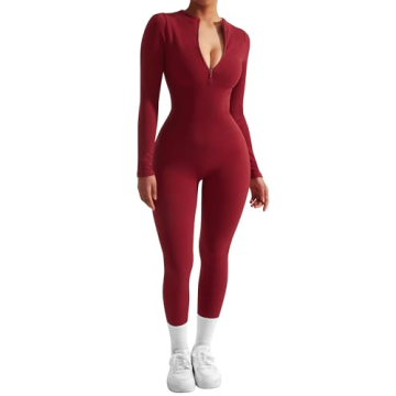 SUUKSESS Women Long Sleeve Ribbed Jumpsuit Sexy Zip-up Front Romper
