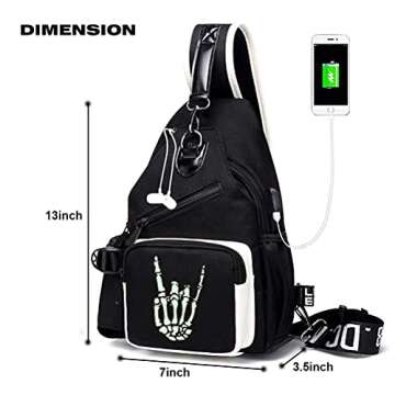 FEWOFJ Sling Bag for Boys with USB, Small Chest Pack with Side Pocket, Travel Shoulder Backpack(Ghosthand)